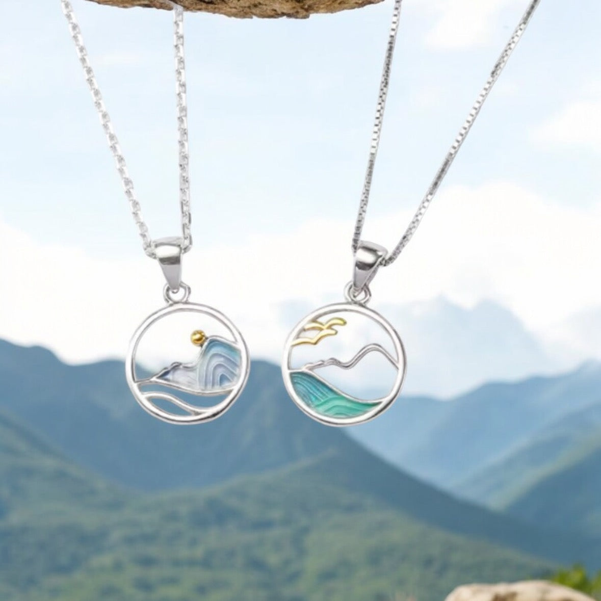 Sterling Silver Sea Mountain Sun Necklace